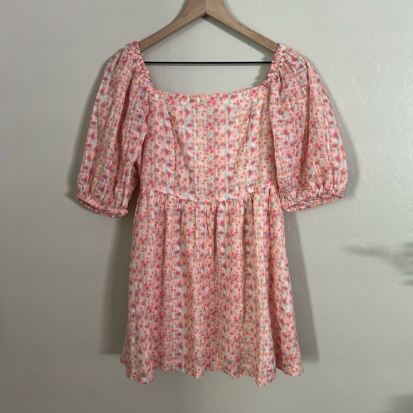 American Eagle Dress Medium Pink Floral Babydoll Puff Sleeve‎ CottageCore - Picture 2 of 8